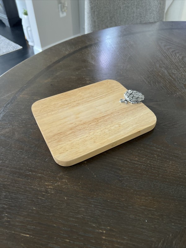 Wooden Rectangle Cheese Charcuterie Board With Metal Artichoke Details 9.5”x 7”