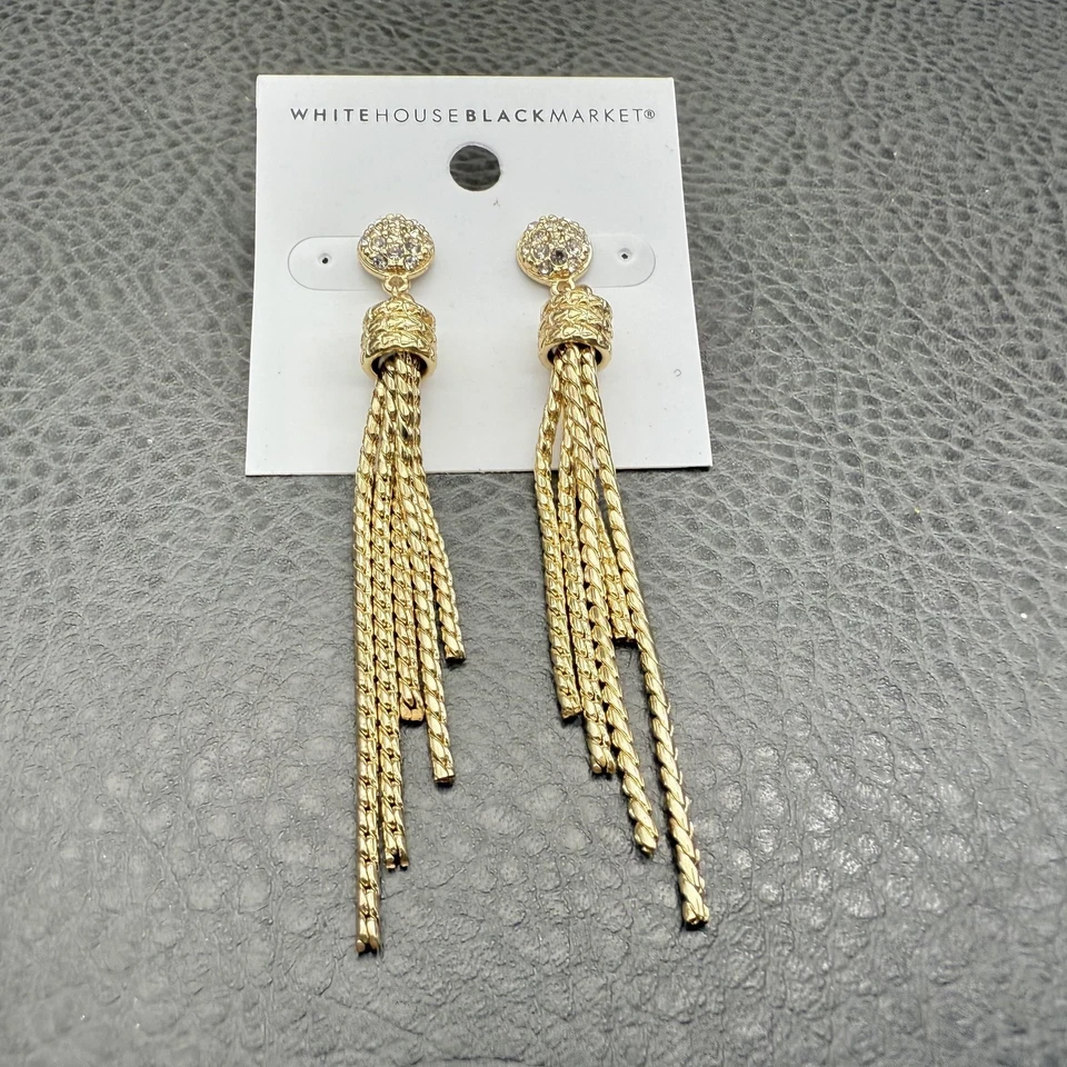 White House Black Market Gold Tone Tassel Drop Earrings Rhinestone Chain Fancy - Image 3 of 4