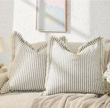 Throw Pillow Covers 24x24 Set of 2 Striped Pillow Covers with Fringe Cotton Gray