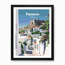 Patmos Greece Aegean Island Digital Framed Wall Art Poster Canvas Print Picture