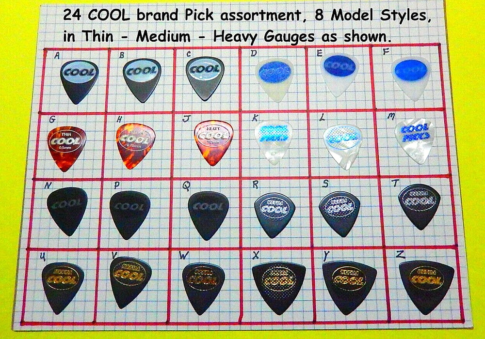 24 COOL Guitar Picks, COOL PICK assortment 8-Styles 3-Gauges-Thin-Medium-Heavy