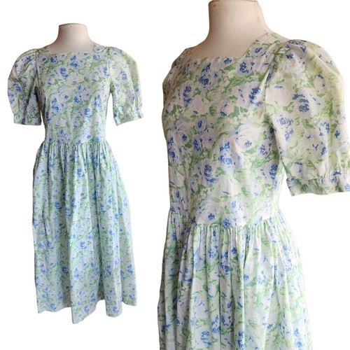 Vintage 80s Laura Ashley Floral Print Dress Blue Green White Cotton eBay