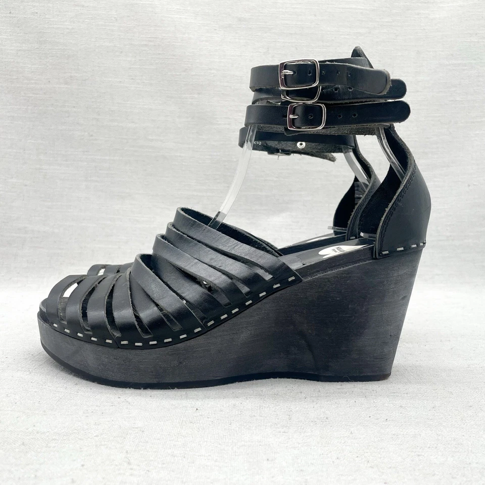 Swedish Hasbeens H&M Womens 8 Gladiator Wedge Sandals Black Leather Platform - Image 4 of 4