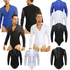 Men Shiny Sequins V Neck Long Sleeves Latin Dance Shirt Unitard Leotard Bodysuit