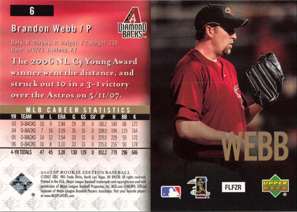 2007 SP Rookie Edition Brandon Webb Arizona Diamondbacks #6 - Image 2 of 2