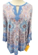RUBY Rd Women’s Blouse Large Paisley Blue Pink Floral 3/4 Sleeve Embellished NWT