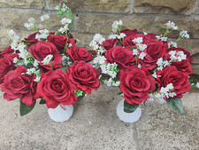 Pair of artificial  DARK RED roses & gypsophila large flower & vases Decorations