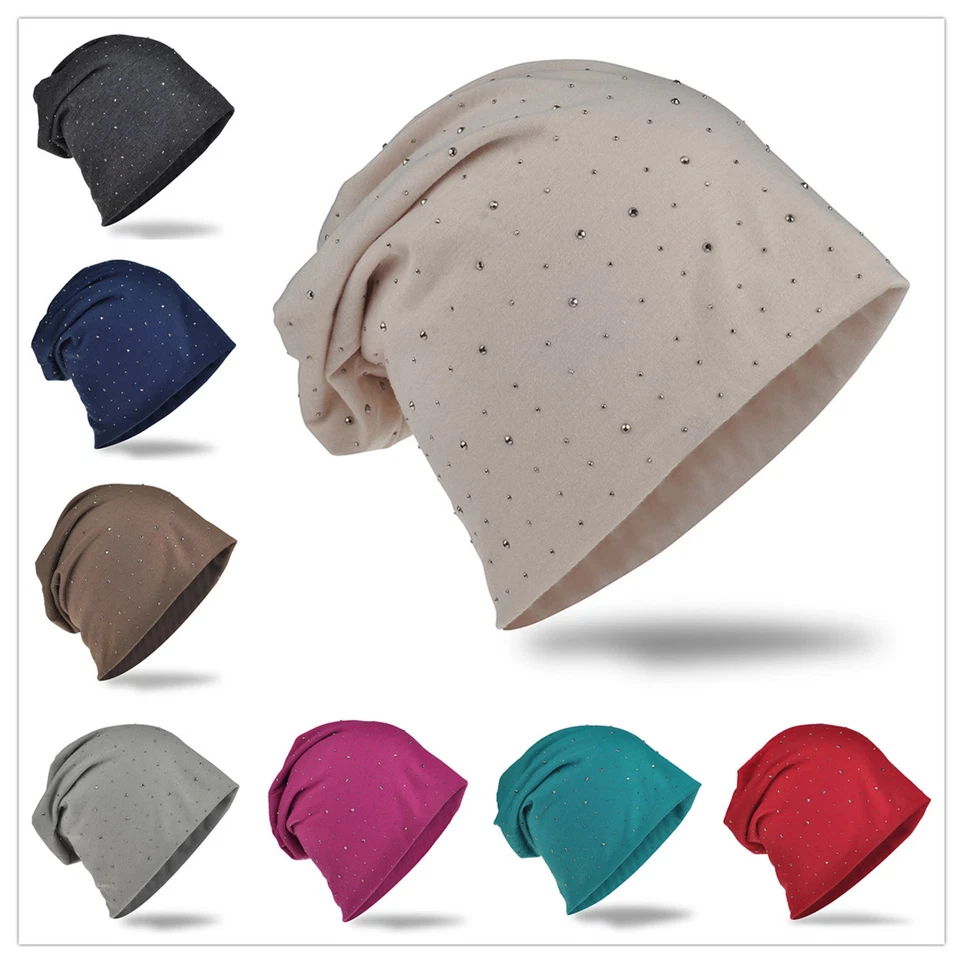 Beanie Mütze Unifarbe mit Strass Nieten Herren Damen Mützen Jersey Slouch Trend