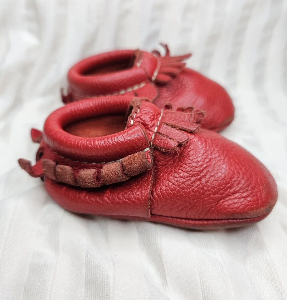 Freshly Picked Baby Sz 2 Red Leather Moccasin USA Slip On Soft Shoe Boy Girl Uni - Image 3 of 4