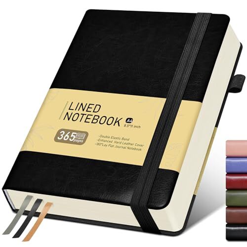 Lined Journal Notebook with 365 Pages, Hardcover Leather Journal for A4 Black