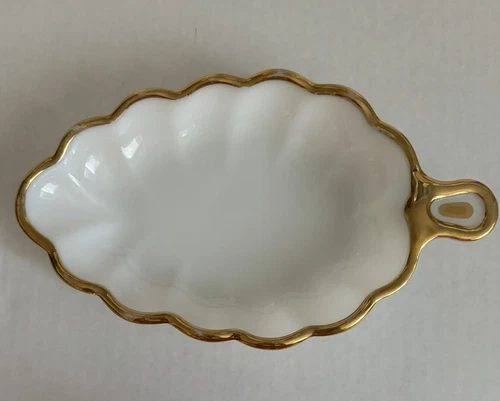 vintage anchor hocking milk glass leaf Shaped Candy/ Snacks Dish With Gold Trim