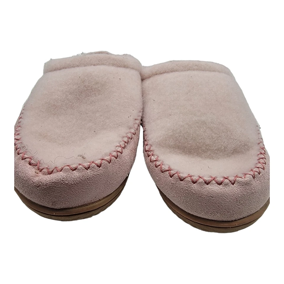 Sapatos femininos Dearfoams XL 11-12 chinelos aconchegantes forro de pele sintética couro rosa - Imagem 2 de 4