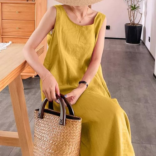 Womens Plain Cotton Linen Sleeveless Dress Ladies Casual Crew Neck Maxi Sundress - Picture 6 of 18