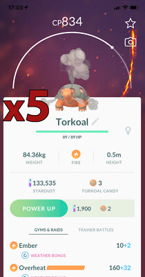5x Torkoal Pokemon Bundle !! Good Chance of Lucky and Good IVs !! Go