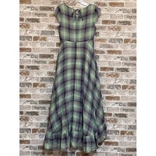 Mia Joy Plaid Maxi Dress Ruffle Hem Tie Back Green Purple XS