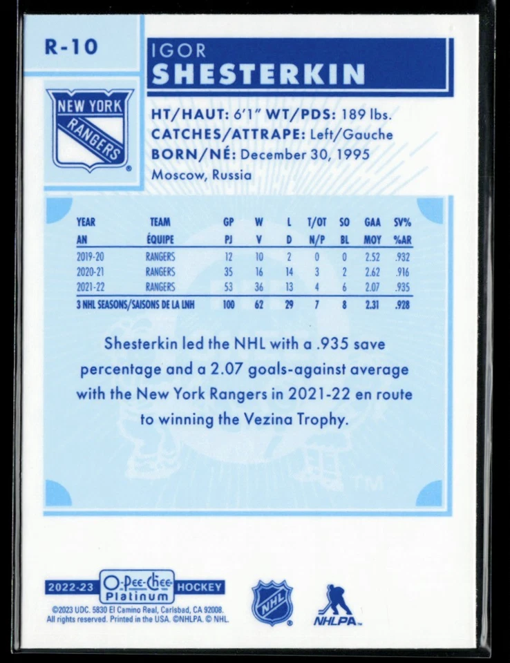 2022-23 O-Pee-Chee Platinum Retro #R-10 Igor Shesterkin - Image 2 of 2