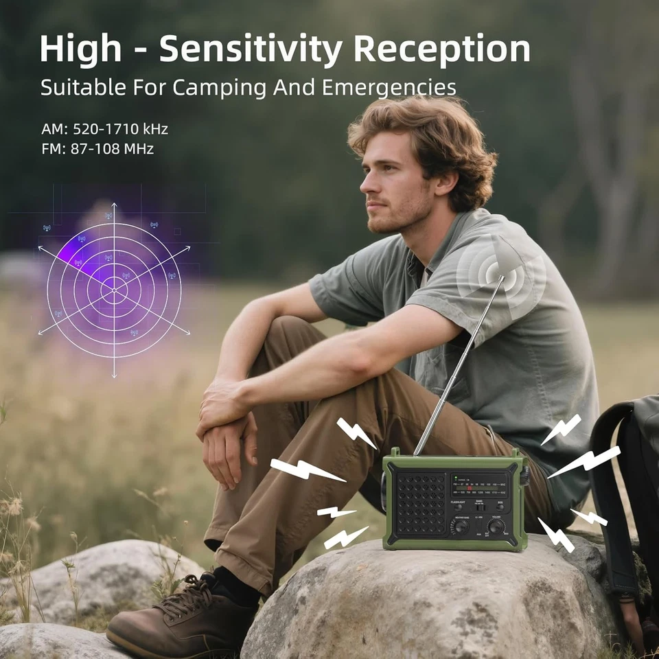 Notfallradio Solar Kurbelradio AM/FM 12000mAh Powerbank USB-C Camping Dynamo - Bild 2 von 4