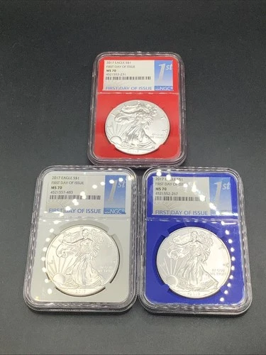 2017 NGC 1oz Silver Eagle Set Red White Blue Labels First Day Of Issue MS 70