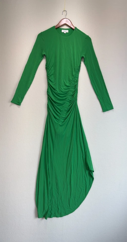 A.L.C Adeline Fern Green Ruched Jersey Stretch Asymmetric Maxi Midi Dress S - Image 4 of 4