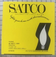 Case of 25 SATCO S3263 60W -120V Frosted Flame Tip Candelabra Bulb Small