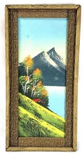 Vintage Japan Framed Mountain Landscape Painting 6x12 Cabin Scene Mid Century