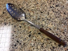 Vintage Ekco Forge Stainless Steel Slotted Spoon Brown Wood Handle USA EUC Rare