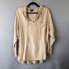 GiGio USA Hooded Tunic Shirt Womens Medium Beige 100% Cotton Raw Hem Boho V Neck