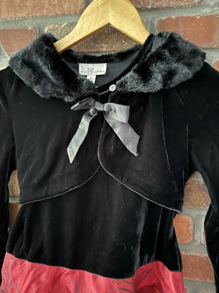 Bonnie Jean Girls Sz. 14 Black Velvet Red Floral Holiday Dress Faux Fur Collar - Image 4 of 4