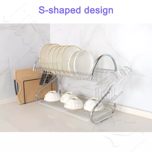 2 tier Dish Drying Rack Drainer Cup Plate Holder Cutlery Tray Kitchen Organizer - Picture 6 of 13