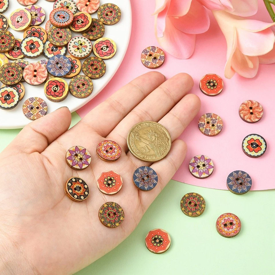 100Pcs Flower Printed Round Buttons Wooden Buttons Decor for DIY Sewing Crafts - Image 3 of 4