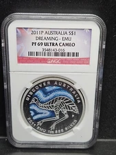 2011 Discover Australia The Dreaming Series-Emu 1oz Silver NGC PF69 Ultra Cameo