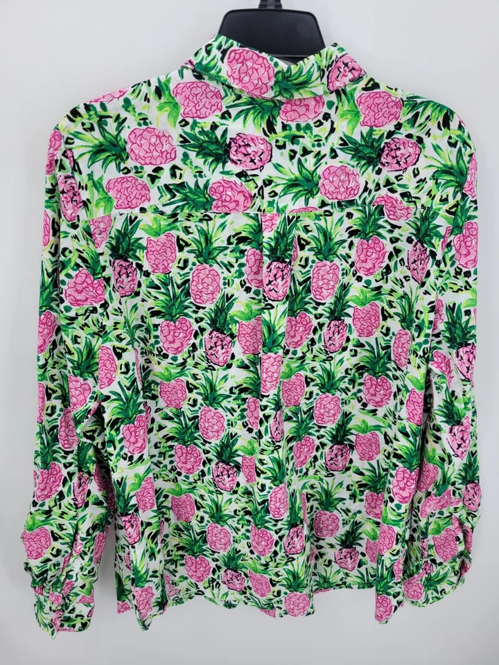 Top de lujo Charter Club para mujer XL rosa verde floral lino manga larga abotonada Foto 2 de 4