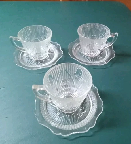 Vintage Jeannette Iris and Herringbone Clear Cups and Saucers - Set of 3