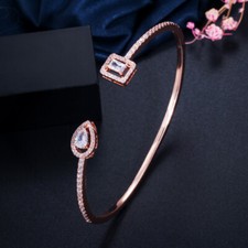 Women Rose Gold Plated Open Cuff Bangle Bracelet Cubic Zirconia Wedding Jewelry