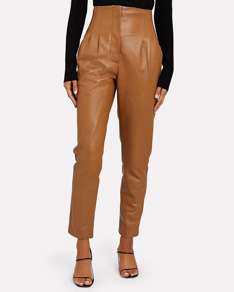 ALBERTA FERRETTI Tapered High-Waist Leather Brown Pants L86816 Size 38 IT/ 4 US - Image 2 of 4