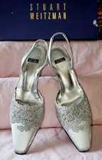 8B Stuart Weitzman Slingback Heels Pumps Silver Metallic Lace Open Back Sandal
