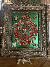 vintage Style Framed  jewelry art Floral Christmas Collage
