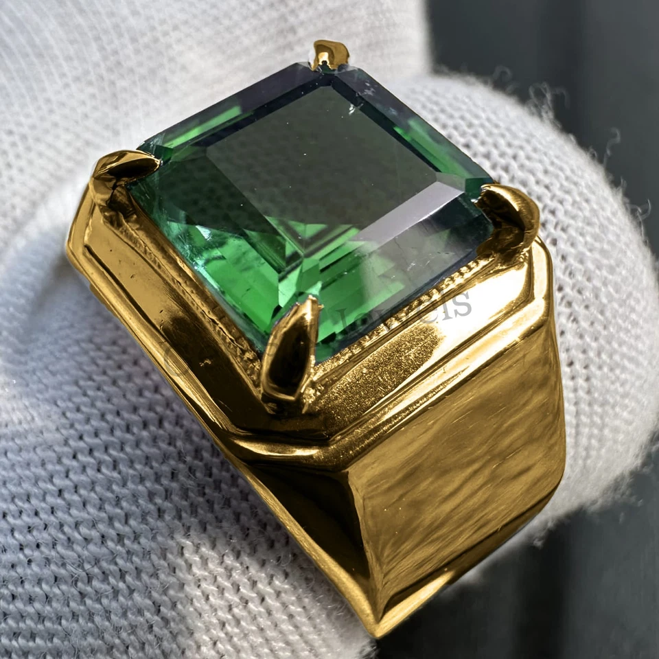 Anel masculino de noivado de ouro amarelo sólido 14K feito à mão com pedra preciosa esmeralda verde - Imagem 2 de 3
