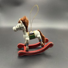 Vintage Wooden Rocking Horse Christmas Ornament Hand Painted Yarn Mane Tail