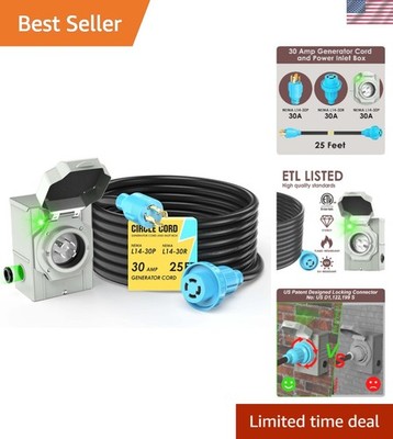Heavy Duty 25FT NEMA L14-30 Generator Power Cord with Inlet Box & Locking Design