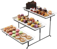 3-Tier Serving Display Stand w/ White Porcelain Plates - Elegant Buffet Decor
