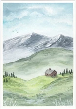 10.2x7.1 Watercolor Painting ORIGINAL Mountain Cabin Forest Meadow Signed