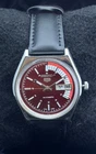 Vintage Seiko 5 Automatic Red Dial Black Leather Strap Date/Day Working Watch