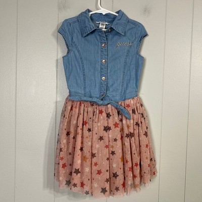Guess Kids Girls Dress Size 7 Chambray Denim Look Pink Star Tulle