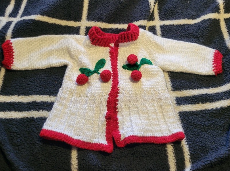 Handmade  Girl Crochet Jacket Cherries Size 7 8 Kids  White Red Cherry Toodler