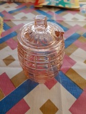 Vintage Pale Pink Pressed Glass Sugar Jam Jelly Condiment Pot With Lid