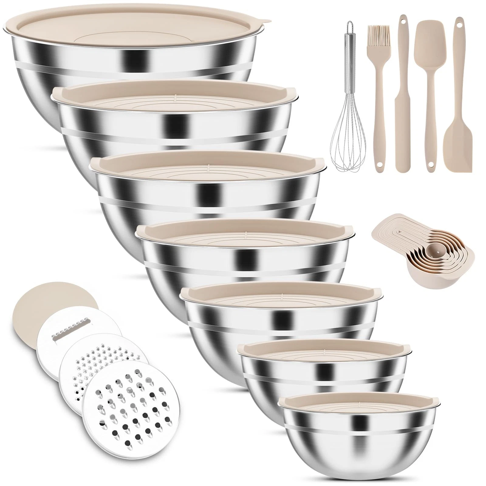 7-Piece Stainless Steel Mixing Bowls Set with Lids & 3 Grater Attachments – S...