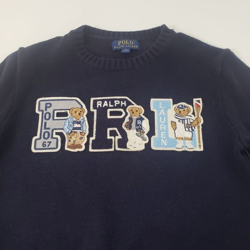 Polo Ralph Lauren Polo Bear Sweater Boys Size Medium Navy Blue PRL Cotton Knit - Picture 2 of 8