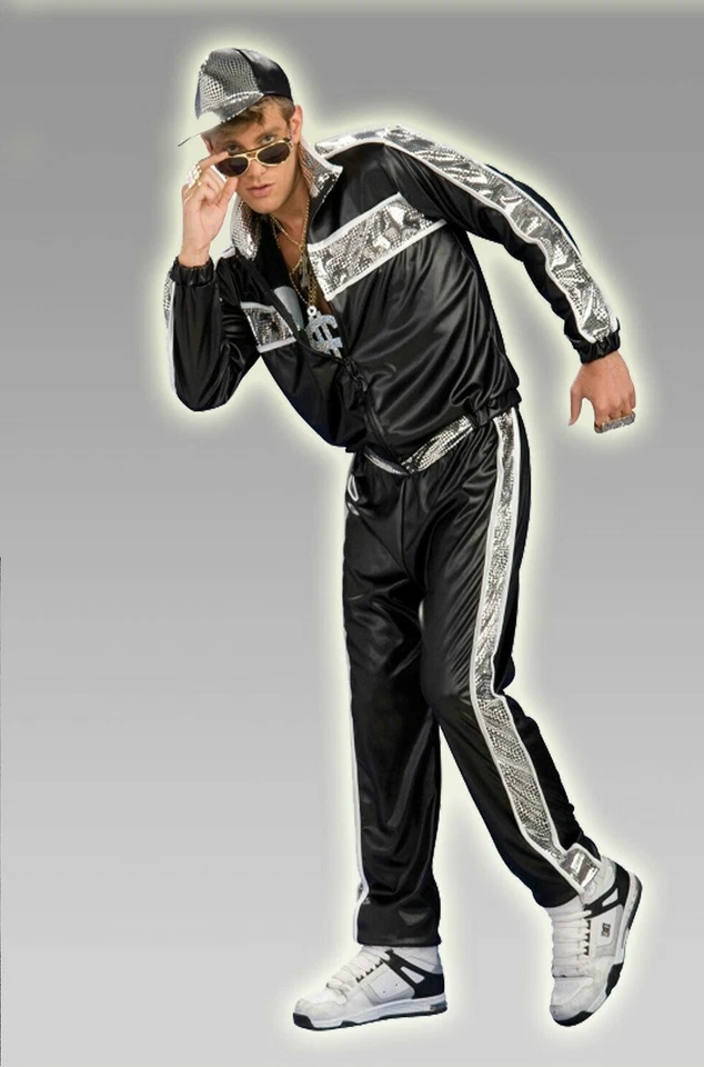 Disfraz Rap Idol Hombres Adultos Negro Rapero Chándal Chaqueta Gorra Años 80 90 Retro Fiesta Foto 3 de 4