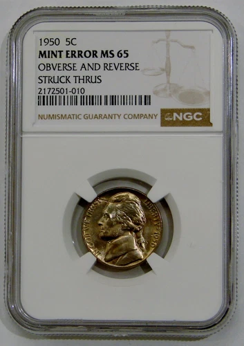 1950 - Jefferson Nickel - Obv. & Rev. Struck Thru Mint Error - NGC MS 65 